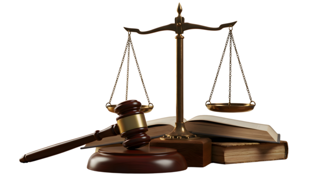 Scales of Justice Gavel and Law Books on Transparent Background