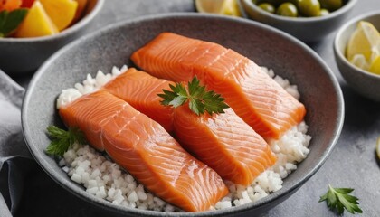 Fresh salmon fillet steak with lemon and herbs, a healthy seafood dinner on a white plate