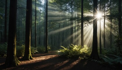 Misty morning sunlight filters through green forest trees along a woodland path