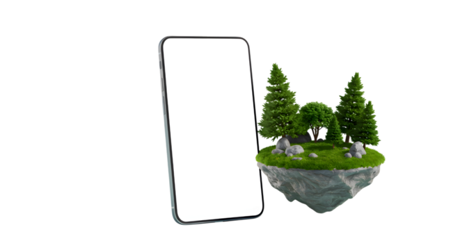 Floating Island with Trees and Smartphone Mockup on Transparent Background