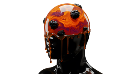 Abstract Mannequin Head with Dripping Orange Liquid and Black Rocks on transparent background