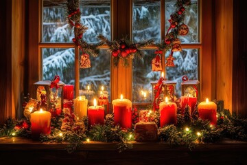 Obraz premium Cozy Christmas window display with candles and ornaments.