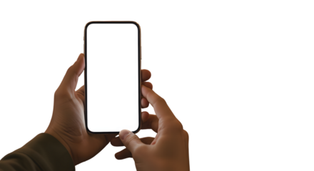 Hands Holding Smartphone with Blank White Screen on Transparent Background