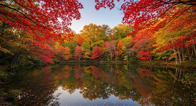 Vibrant Autumn Reflections A Serene Pond Mirroring Colorful Fall Foliage
