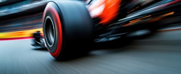 High-Speed Motion of Racing Car Wheel with Blurred Background at a Professional Auto Racing Event