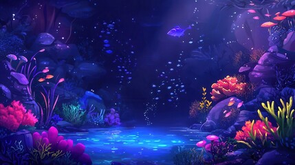 Obraz premium Vibrant Underwater Scene with Glowing Coral Reef and Fish