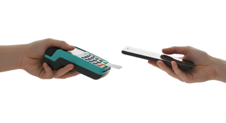 Contactless Payment Transaction Hands Holding POS Terminal and Smartphone on Transparent Background