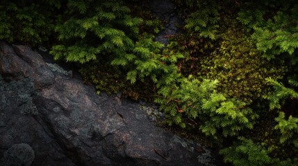 Obraz premium Lush green moss and ferns growing on textured rocky surface in a serene natural environment