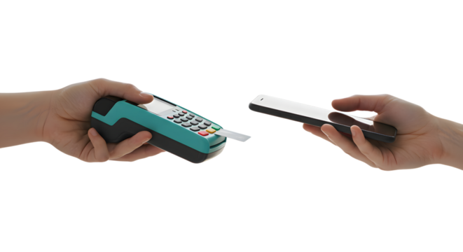 Contactless Payment Transaction Hands Holding POS Terminal and Smartphone on Transparent Background