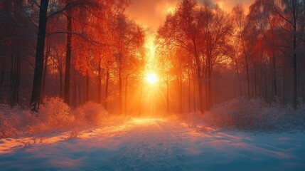 Naklejka premium Winter wonderland path illuminated by a vibrant sunset.