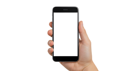Hand Holding Smartphone with Blank White Screen on Transparent Background