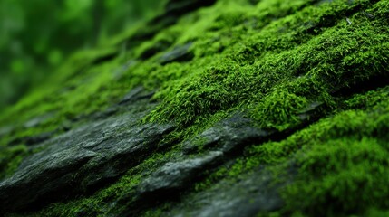 Close-up of vibrant green moss covering textured rock surface in a lush forest setting