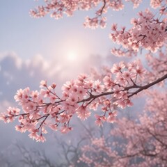 Soft pink sakura petals descend against a blurred pastel sky  ,  cherry,  wallpaper,  macro