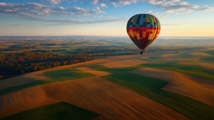 Obraz premium A hot air balloon floating over a landscape. 