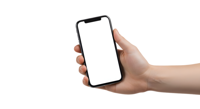 Hand Holding Smartphone with Blank Screen on Transparent Background