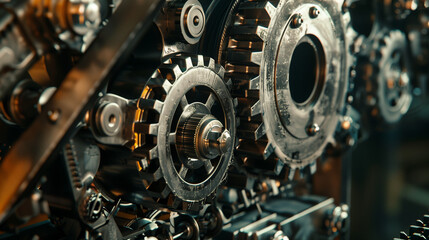 Fototapeta premium Mechanism, gears and cogs at work. Industrial machinery .
