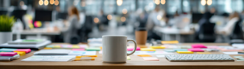 lively startup office desk with coffee and documents
