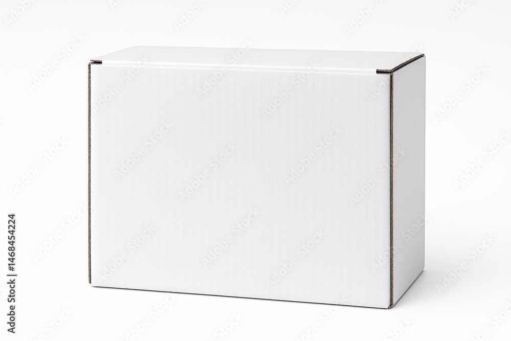 Poster white rectangular corrugated cardboard box for shipping with textured surface on clean isolated whit