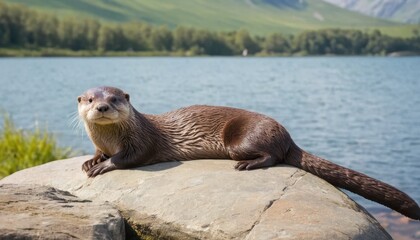 Fototapeta premium A cute brown fur mammal, like a small-clawed otter relative, with whiskers and clawed paws, is seen in a portrait in the wild nature of the mountains and on a wet rock