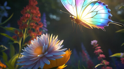 yellow flower and beautiful butterfly  in a blue sky