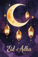 Elegant Eid Al-Adha Celebration with Crescent Moon and Lanterns