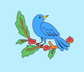 Blue Bird on a Branch with Berries Cartoon Illustration