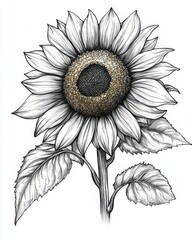 Fototapeta premium Detailed black and white illustration of a sunflower showcasing its intricate petals and leaves. Copy space, Isolate on white background