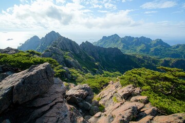 Rugged mountain peaks, lush forests