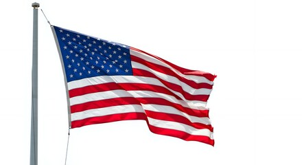Obraz premium The American flag waving proudly in the wind against a bright white sky, showcasing the iconic stars and stripes of the United States of America