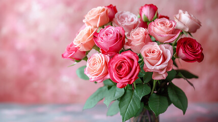 bouquet of pink roses on pink background, Generative AI.