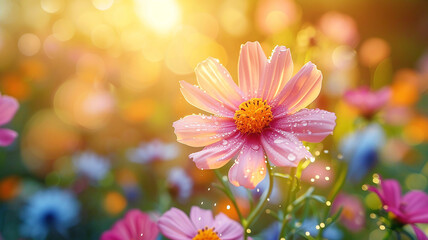pink cosmos flowers on sunset background, colorful flowers background, generative AI.