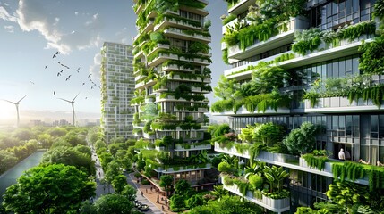   A futuristic eco-city with vertical gardens and solar panels