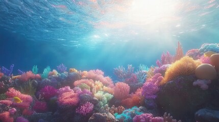 Fototapeta premium Vibrant Coral Reef Underwater Scene Sunlit Ocean