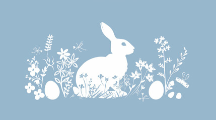Modern artwork featuring a rabbit silhouette with Easter decorations on subtle blue. Elegant seasonal composition perfect for holiday themes, creative art designs, and festive celebrations .