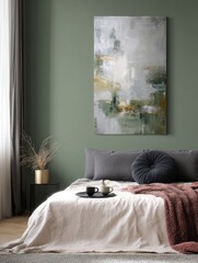 Dark Green Headboard with Abstract Painting, Beige Walls and Gray Accents in Warm Room