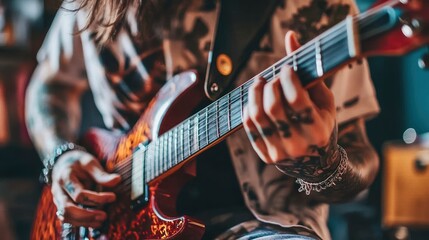 Naklejka premium Musician passionately playing an electric guitar in a cozy indoor setting with warm lighting