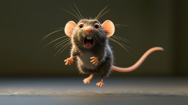 Scared cartoon mouse jumps in surprise