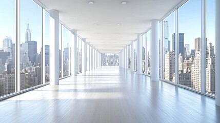 Empty modern office hallway with city views