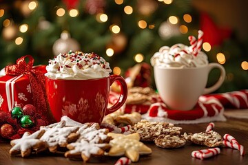 Festive Christmas treats and hot drinks on a wooden table.