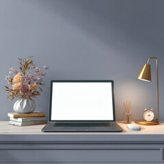 A sophisticated desk setup with a laptop, lamp, and flowers, creating a tranquil workspace.