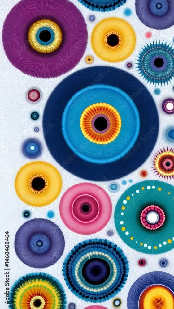 Poster vibrant circle art featuring multicolored rounded geometric shapes on a textured pale backdrop with 