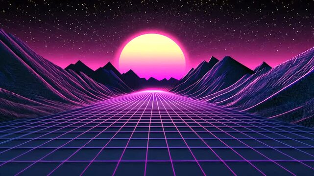 Luminous sun sets over purple mountains, a neon grid path stretching into a starry cosmic expanse. Retro-futuristic 80s vibe