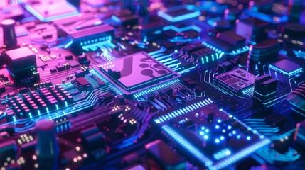 Obraz premium Abstract Holographic AI Circuit Board with Glowing Pink and Blue Neon Lights