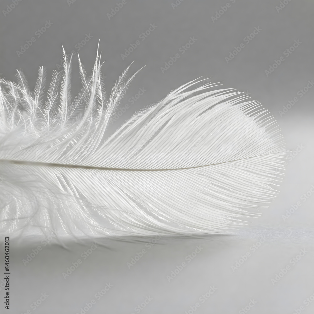 Poster a delicate white feather with fine details and soft texture on a simple grey background, created usi