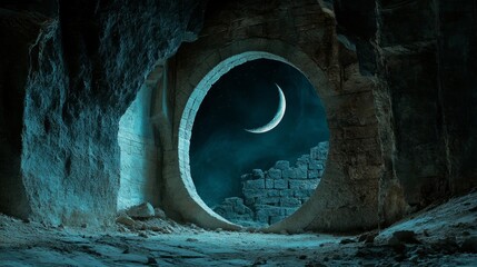 Crescent Moon Night Scene in Stone Arch