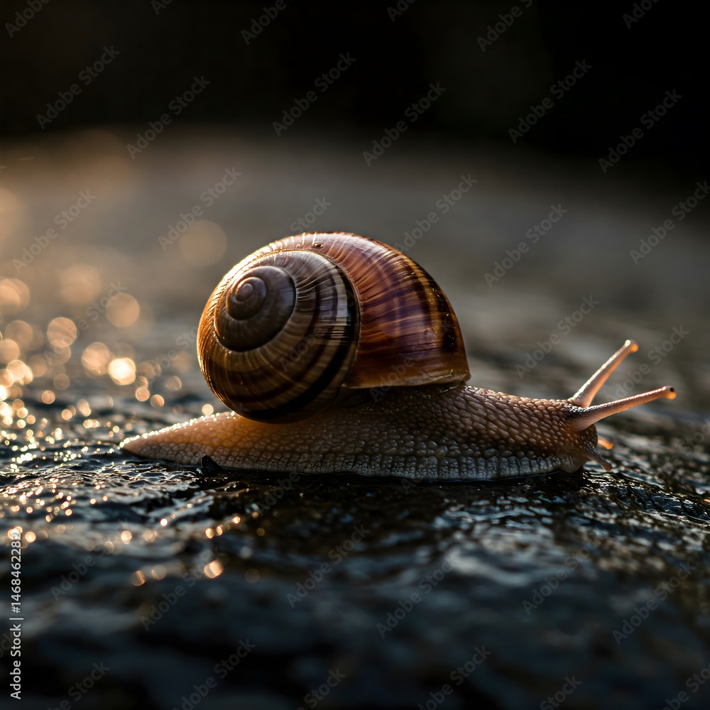 Poster a small snail with a detailed shell slowly moves across a wet, dark surface in the soft light, captu