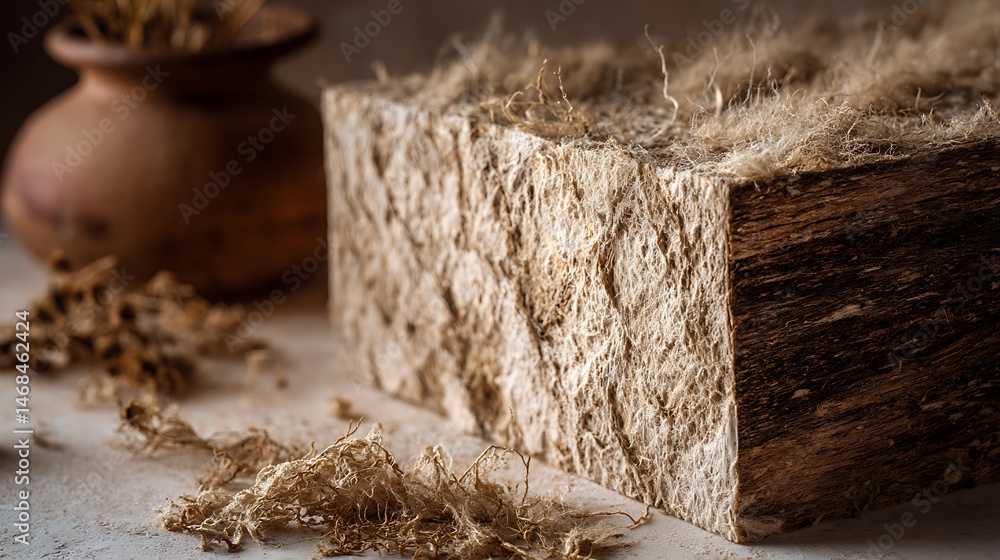 Poster Close, up of a biodegradable mycelium box showcasing its fibrous texture in soft light on a rustic eco, friendly background