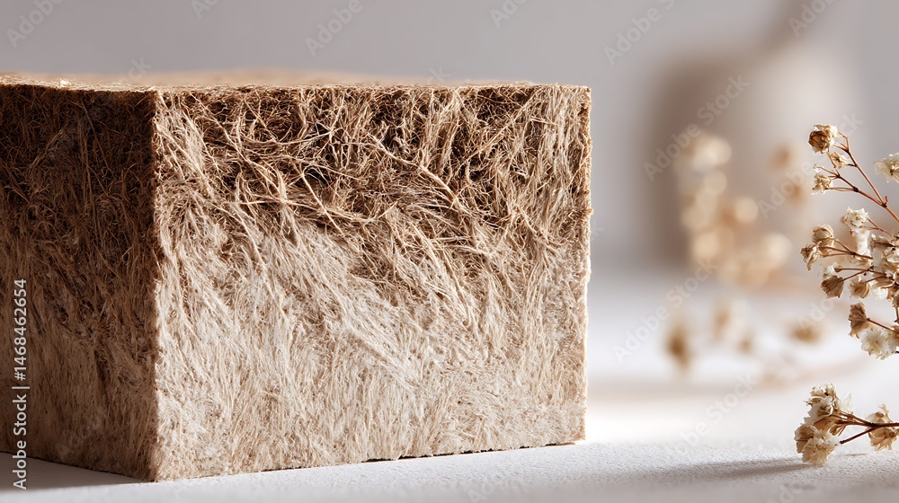 Poster Close, up of a biodegradable mycelium box showcasing its fibrous texture in soft light on a rustic eco, friendly background
