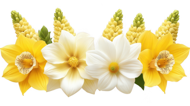 Elegant floral arrangement featuring yellow daffodils and white dahlia flowers with green accents, creating a harmonious composition