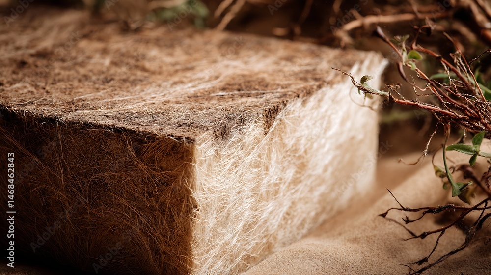 Poster Close, up of a biodegradable mycelium box showcasing its fibrous texture in soft light on a rustic eco, friendly background